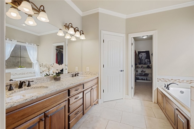 full bath with an inviting chandelier, ornamental molding, a sink, and double vanity