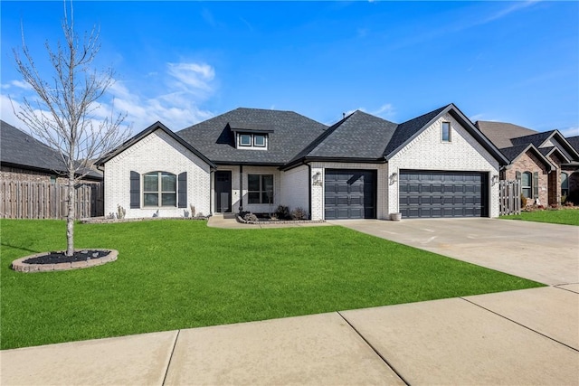 french country style house featuring brick siding, an attached garage, a front yard, fence, and driveway