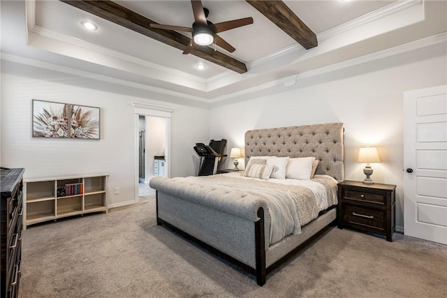 bedroom with carpet floors, crown molding, beamed ceiling, and recessed lighting