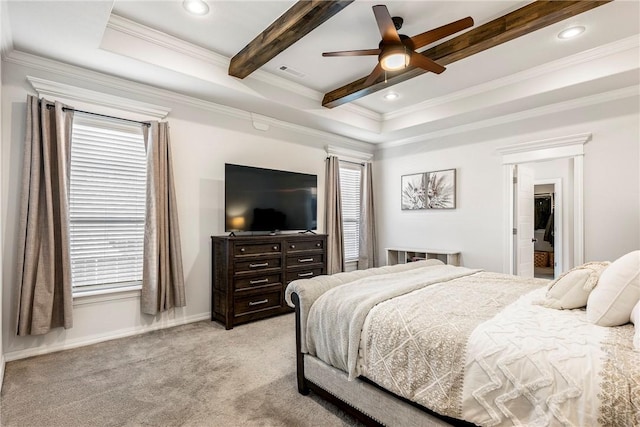 bedroom featuring ornamental molding, beamed ceiling, visible vents, and light colored carpet