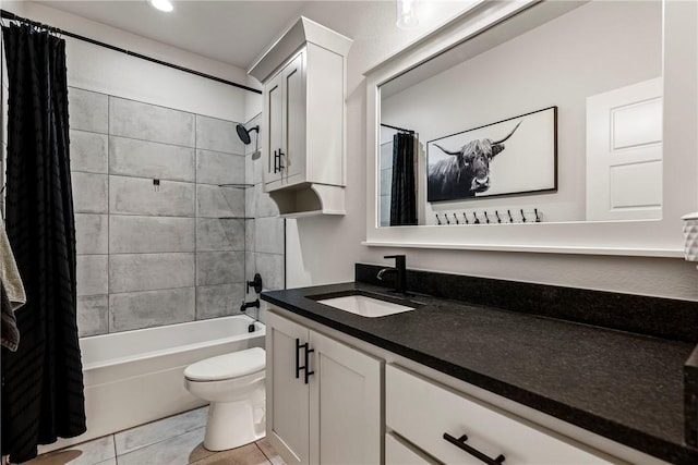 full bathroom with toilet, tile patterned flooring, shower / bath combination with curtain, and vanity