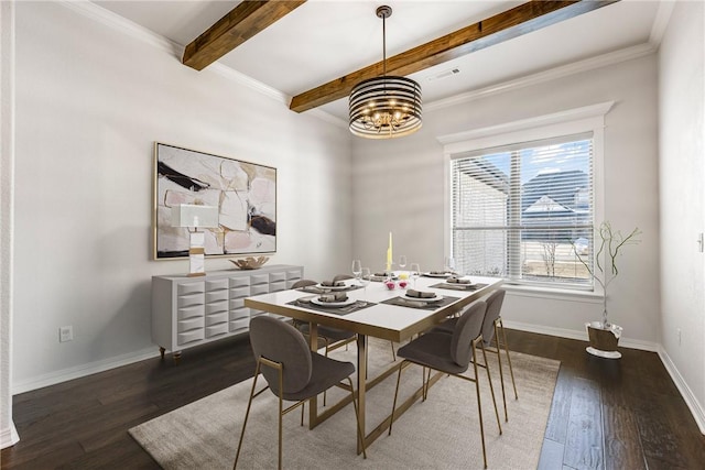 dining space with ornamental molding, wood finished floors, beam ceiling, and baseboards