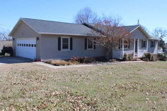 single story home with a porch and a front lawn