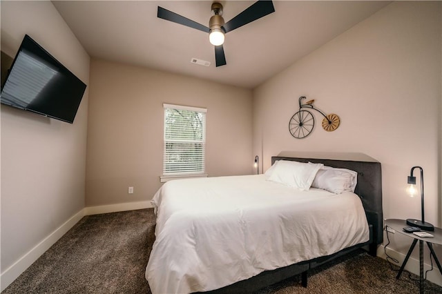 carpeted bedroom with ceiling fan, visible vents, and baseboards