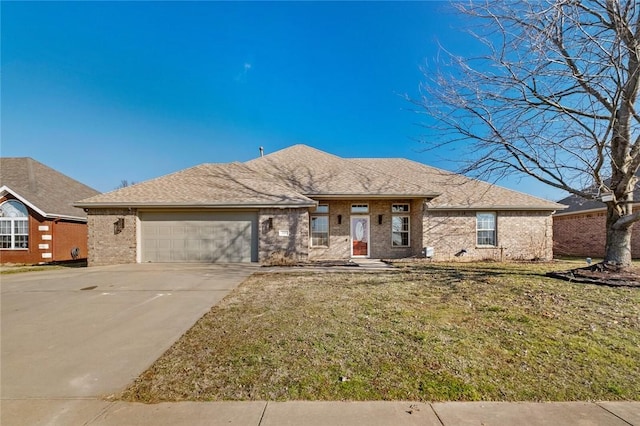 single story home with an attached garage, brick siding, driveway, roof with shingles, and a front lawn