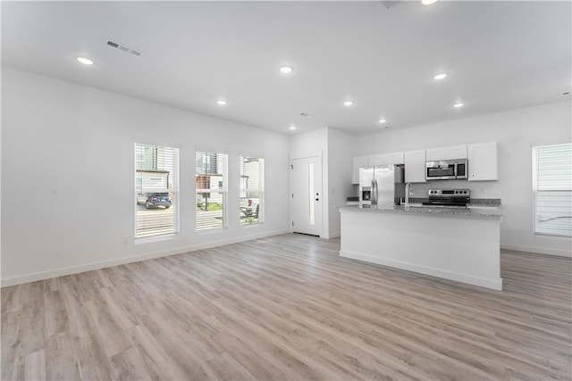 kitchen featuring appliances with stainless steel finishes, recessed lighting, visible vents, and white cabinetry