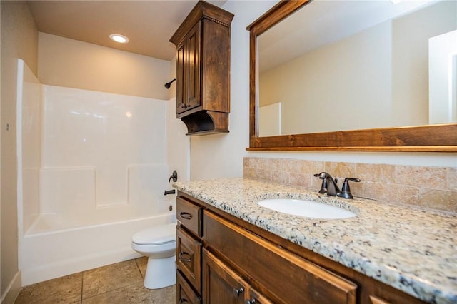 full bathroom featuring tile patterned flooring, shower / tub combination, toilet, recessed lighting, and vanity