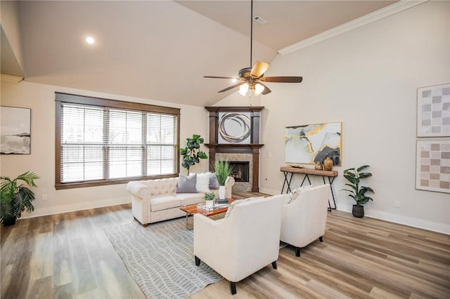 3601 SW Willowbrook Rd, Bentonville, AR 72713 - living room with baseboards, a ceiling fan, wood finished floors, and high vaulted ceiling