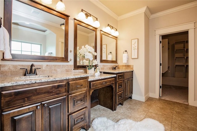 3601 SW Willowbrook Rd, Bentonville, AR 72713 - full bath featuring decorative backsplash, double vanity, a sink, and ornamental molding