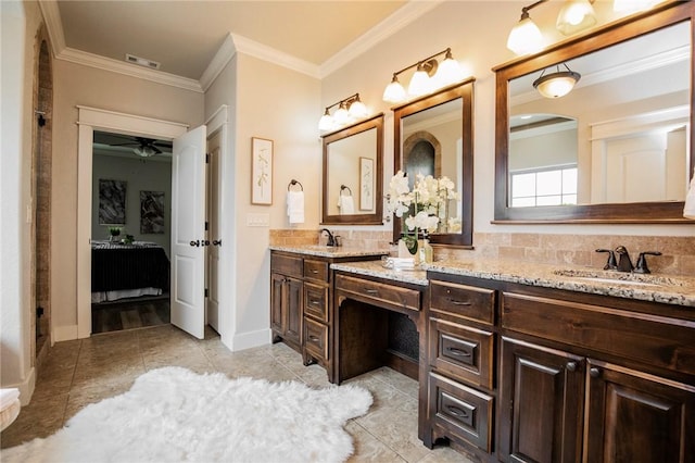 3601 SW Willowbrook Rd, Bentonville, AR 72713 - full bathroom featuring a sink, tasteful backsplash, double vanity, and crown molding