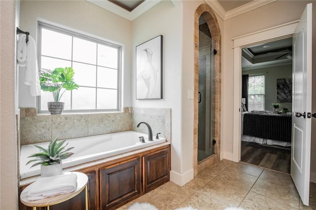 3601 SW Willowbrook Rd, Bentonville, AR 72713 - ensuite bathroom featuring a garden tub, ensuite bath, crown molding, and a stall shower