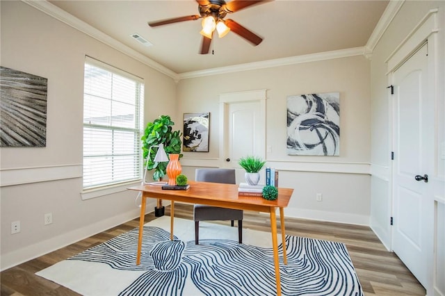 3601 SW Willowbrook Rd, Bentonville, AR 72713 - office area with visible vents, ornamental molding, baseboards, light wood-style flooring, and ceiling fan
