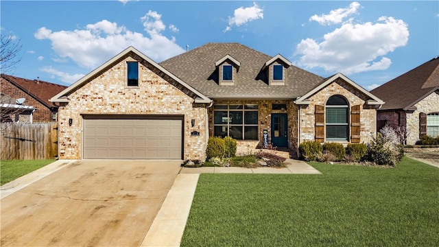 view of front of property featuring driveway, fence, a front lawn, and roof with shingles