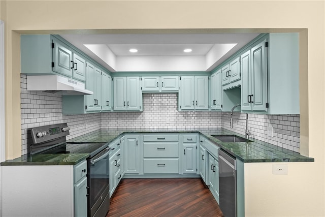 kitchen with dark wood finished floors, backsplash, stainless steel appliances, under cabinet range hood, and a sink