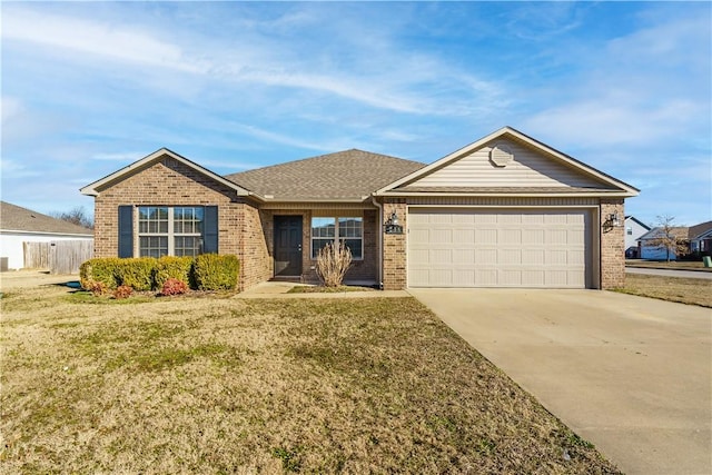 ranch-style house featuring concrete driveway, roof with shingles, an attached garage, a front lawn, and brick siding