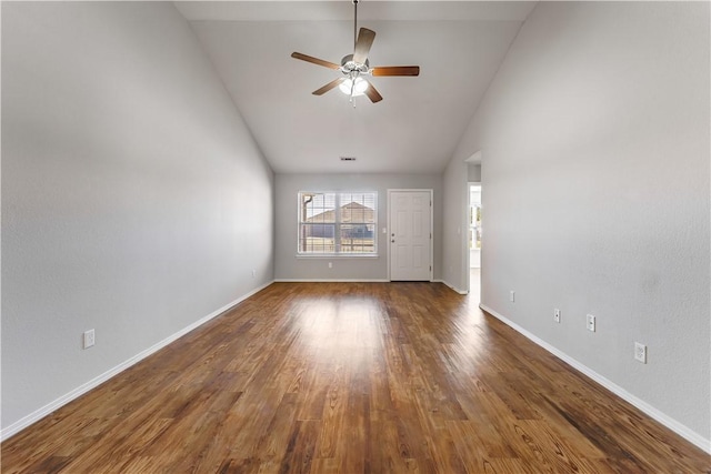 unfurnished living room featuring high vaulted ceiling, ceiling fan, baseboards, and wood finished floors