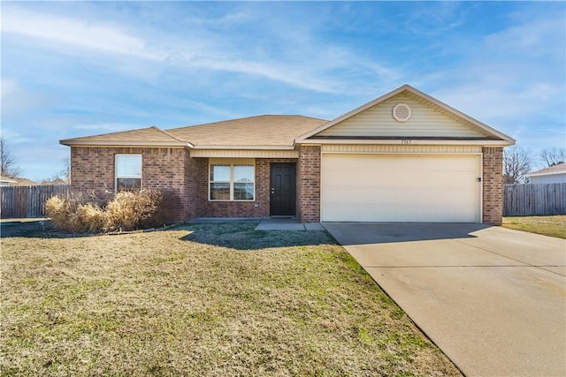 single story home featuring a garage, brick siding, concrete driveway, fence, and a front yard