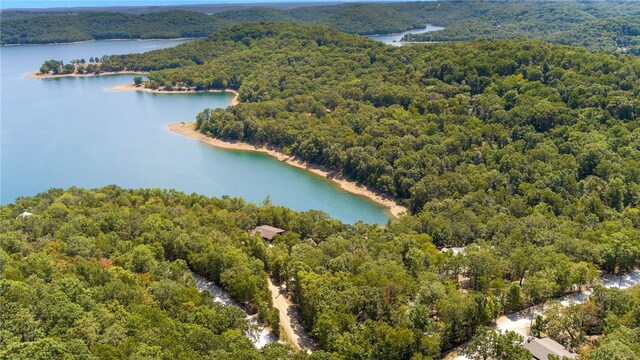 birds eye view of property with a water view and a wooded view