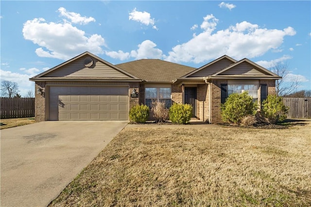 single story home with an attached garage, driveway, fence, and brick siding