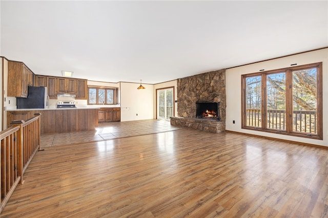 unfurnished living room with light wood-style floors and a stone fireplace