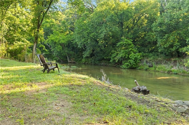 view of yard with a water view and a wooded view