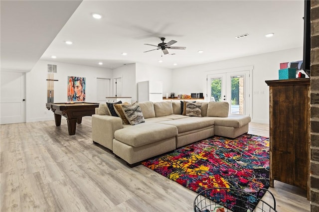 living room with light wood-type flooring, pool table, visible vents, and recessed lighting