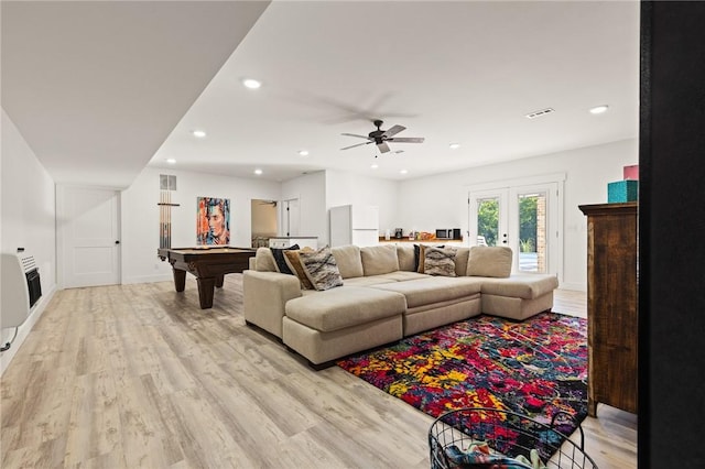 living area with light wood-style flooring, recessed lighting, billiards, visible vents, and heating unit