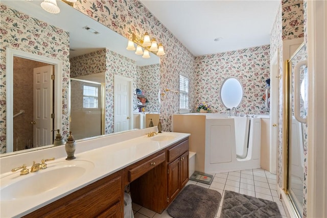 full bath with wallpapered walls, visible vents, a sink, and a stall shower