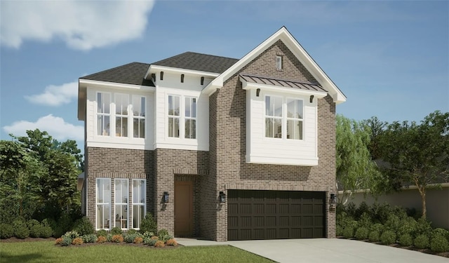 view of front of property with an attached garage, brick siding, a shingled roof, driveway, and a standing seam roof