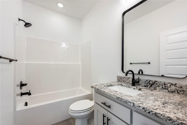 full bath featuring recessed lighting, shower / tub combination, vanity, and toilet