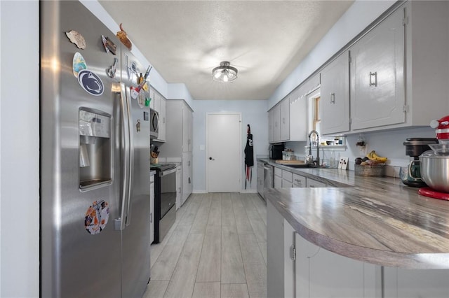 kitchen with gray cabinetry, a peninsula, a sink, light wood-style floors, and appliances with stainless steel finishes