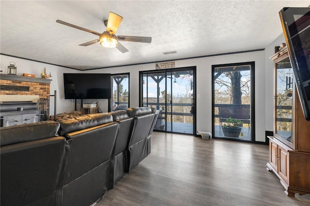 living area with a ceiling fan, visible vents, plenty of natural light, and wood finished floors