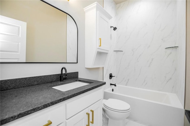 full bath featuring toilet, marble finish floor, bathing tub / shower combination, and vanity