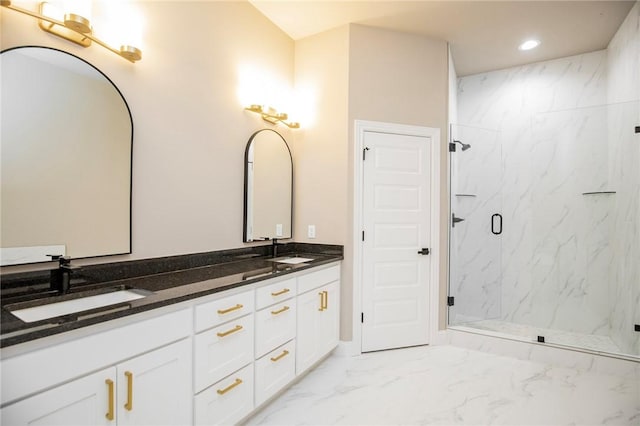 full bath with marble finish floor, a sink, a marble finish shower, and recessed lighting