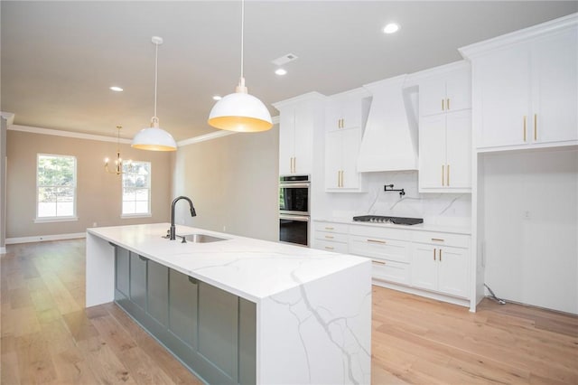 kitchen featuring ornamental molding, black electric stovetop, custom exhaust hood, stainless steel double oven, and a sink