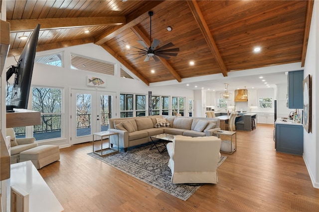 living room with high vaulted ceiling, french doors, light wood-type flooring, and a ceiling fan