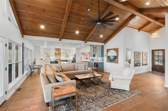 living room with visible vents, wooden ceiling, beamed ceiling, light wood-style floors, and high vaulted ceiling