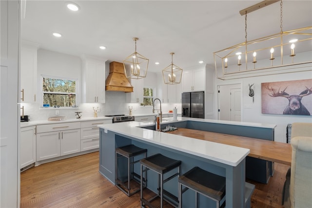 kitchen featuring a sink, stainless steel appliances, custom exhaust hood, and white cabinets