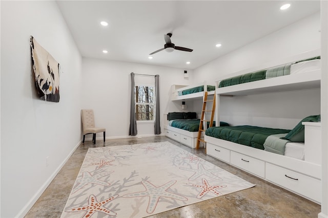 bedroom featuring a ceiling fan, recessed lighting, and baseboards