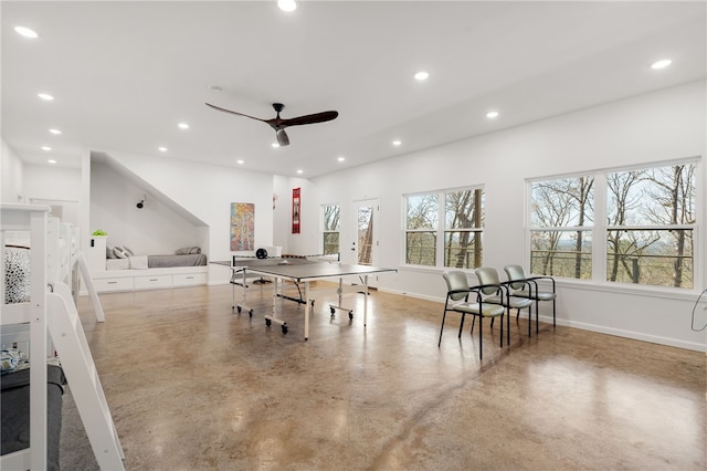 playroom with concrete flooring, baseboards, a ceiling fan, and recessed lighting