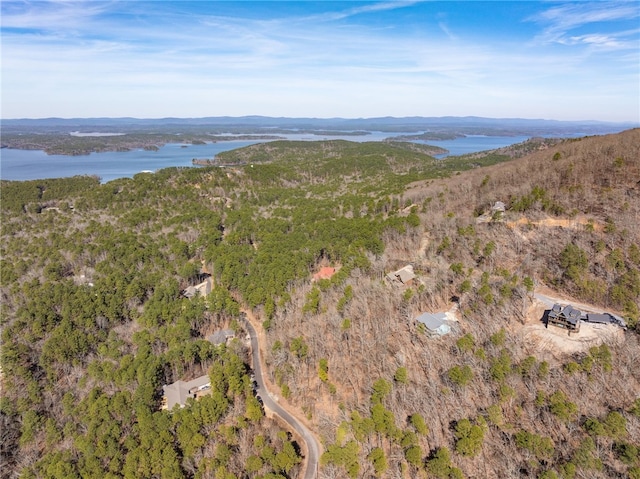 aerial view featuring a water view and a view of trees