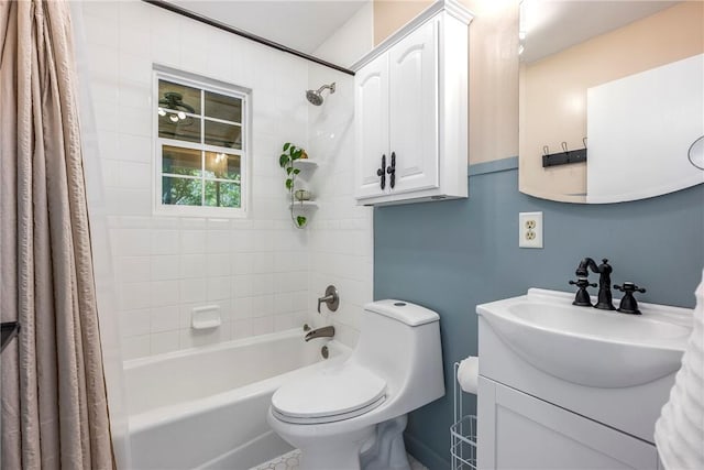 full bath featuring toilet, shower / tub combo with curtain, and vanity