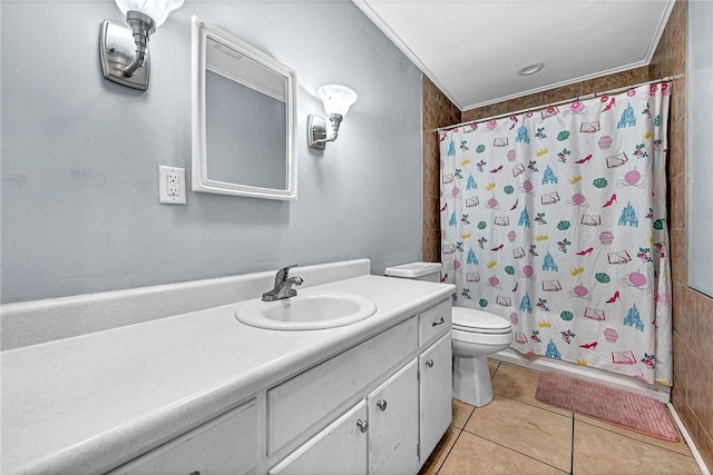 bathroom with toilet, tile patterned flooring, vanity, and a shower with shower curtain