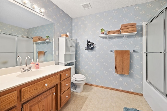 bathroom with baseboards, an enclosed shower, visible vents, and wallpapered walls