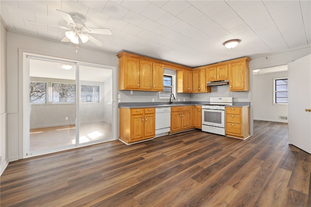 15 White St, Eureka Springs, AR 72632 - kitchen featuring white appliances, dark wood-type flooring, a sink, and under cabinet range hood