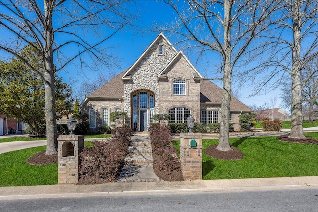 french provincial home with stone siding, a shingled roof, brick siding, and a front yard