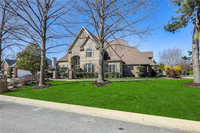 french country inspired facade with stone siding and a front lawn