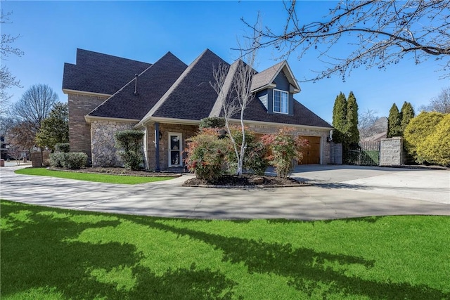 view of front facade with a garage, concrete driveway, a front lawn, and stone siding