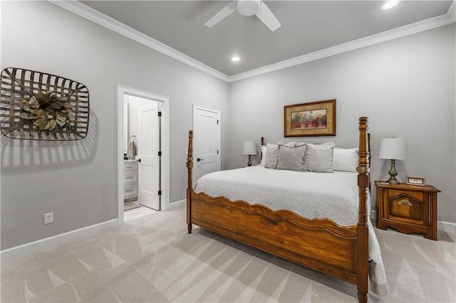 bedroom featuring light carpet, baseboards, crown molding, and recessed lighting