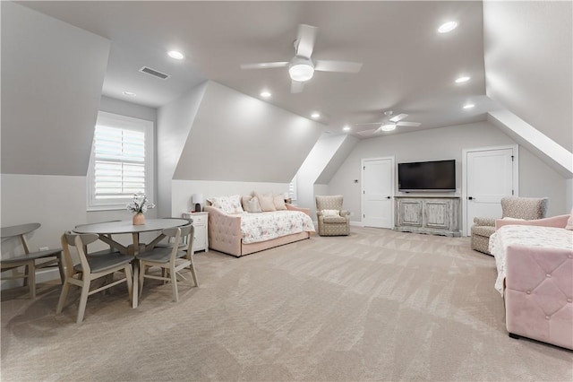 bedroom featuring vaulted ceiling, light carpet, recessed lighting, and ceiling fan